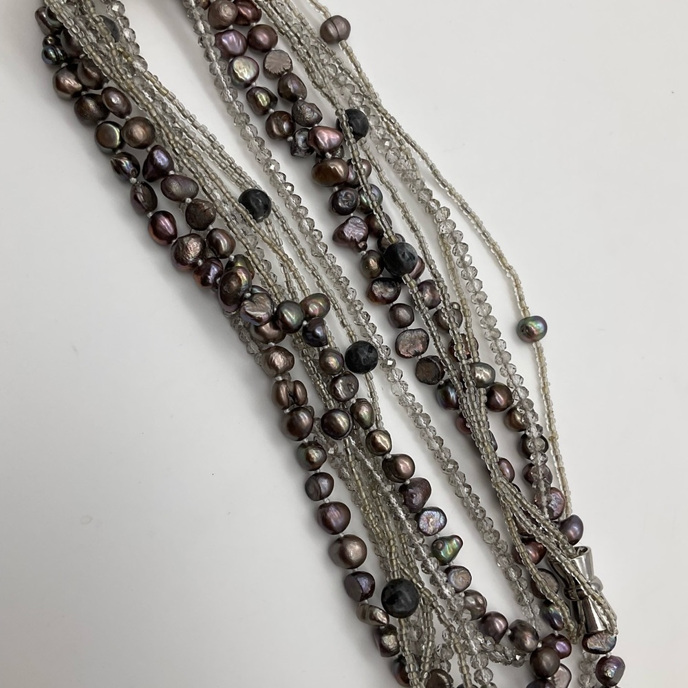 LONG FRESHWATER PEARLS AND CRYSTAL NECKLACE